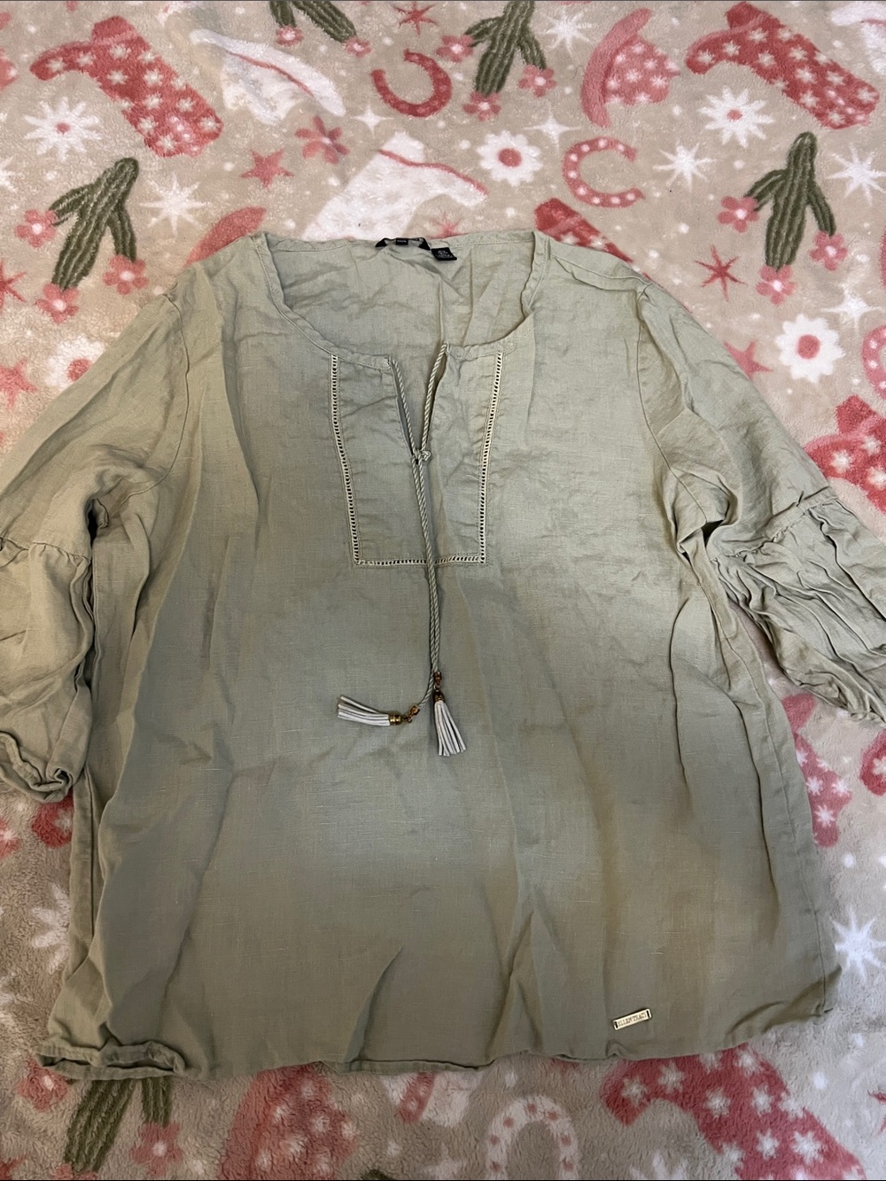 Ellen Tracy Sage Green Peasant Blouse with Tassel Tie